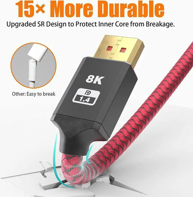 Alt view image 2 of 7 - 8k DisplayPort 1.4 Cable 25ft 2Pack DP 1.4 Cable Nylon Braided Supports (8K@60Hz 4K@144Hz and 1080P@240Hz) HBR3 32.4Gbps HDCP 2.2 HDR DSC 1.2 for Laptop PC TV Gaming Monitor