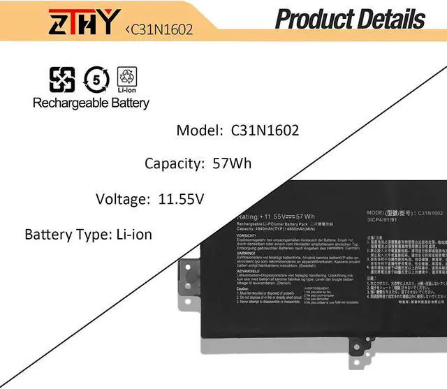 Alt view image 3 of 7 - ZTHY C31N1602 Laptop Battery Replacement for Asus ZenBook U3000U UX330 UX330U UX330UA UX330UAK UX330UA-1A UX330UA-1B UX330UA-1C UX330UA-FB018R FB161T Series C31N16O2 0B200-02090000 11.55V 57Wh