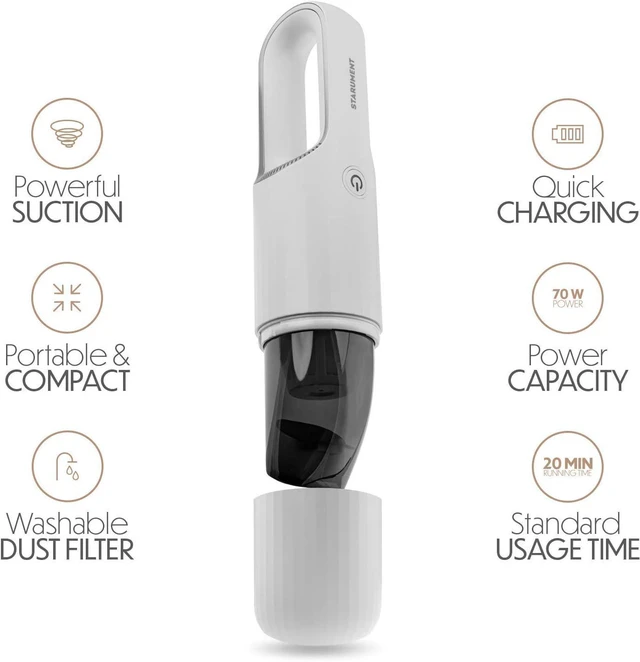 Alt view image 3 of 7 - STARUMENT Portable Hand Vacuum Cleaner Handheld Cordless Cleaner for Dust Pet Hair Dirt, Home, Car Interior, Lightweight, Easy to Use, Compact Design Battery Rechargeable with USB-C Cable White