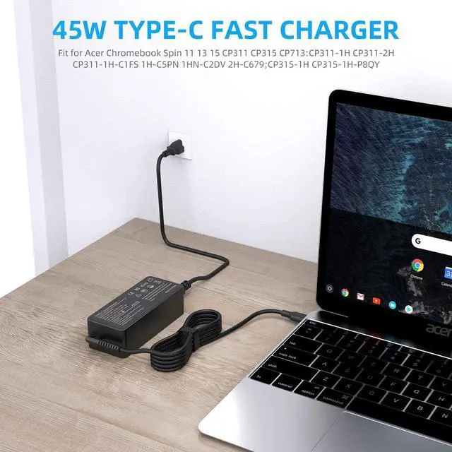 Alt view image 6 of 7 - 45W USB C Charger for Lenovo Chromebook C330 S330 300e, Acer Chromebook Spin 11 13 15 CP311 CP315 CP713 CP311-1H CP311-2H CP311-1H-C1FS 1H-C5PN 1HN-C2DV 2H-C679 Laptop Charger Type C Power Cord