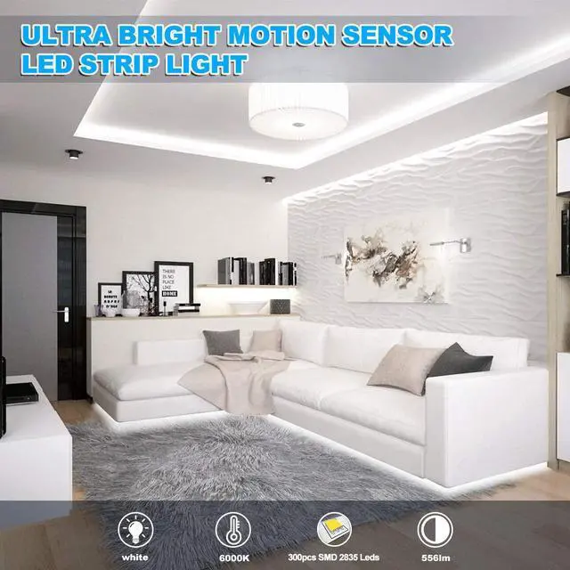 Alt view image 2 of 6 - Motion Activated LED Strip Lights 16.4ft LED Light Strip with Day or Night 2 Lighting Modes 3 Timing Off Modes Bright White 12v Plug-in LED Rope Lights for Under Cabinet Kitchen