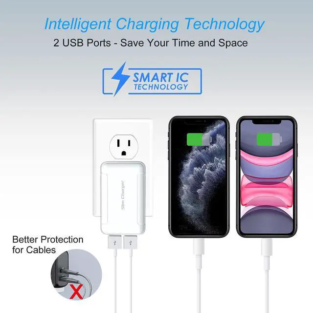 Alt view image 5 of 7 - USB Wall Charger Flat, OKRAY 3-Pack 5v/3a Dual USB Charger Block with Foldable Plug, Extra-Slim 2 USB-A Ports Phone Charger Fast Charging Blocks Compatible iPhone 12/11/XS/XR, Galaxy S20/10/S9 (White)
