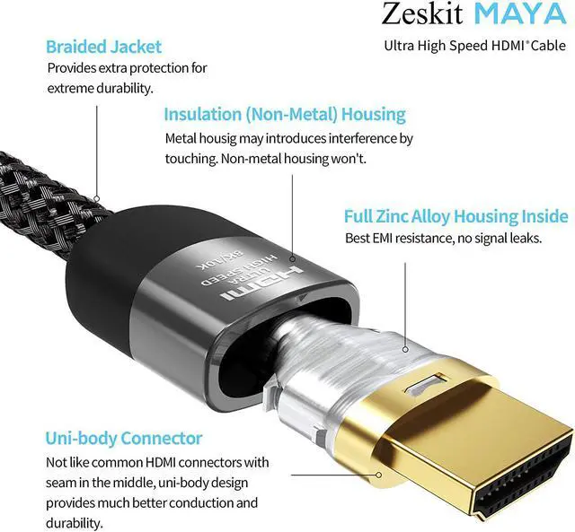 Alt view image 4 of 6 - Certified 2.1 8K HDMI Cable 48Gbps 4K120Hz Compatible with Soundbar eARC HDR10 VRR Dolby Vision Atmos HDCP 2.2 & 2.3 Gaming PS5 Xbox Series X  TV  Monitor (Ultra High Speed Maya 10ft)