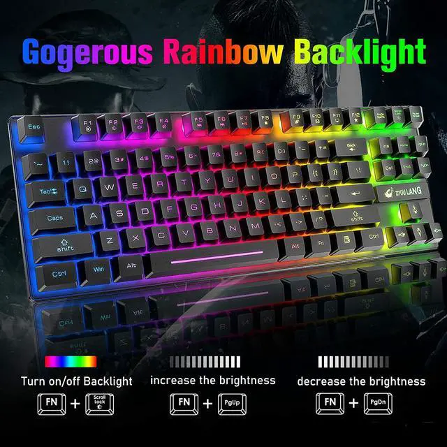 Alt view image 5 of 7 - Wireless Gaming Keyboard and Mouse Combo with 87 Key Rainbow LED Backlight Rechargeable 3800mAh Battery Mechanical Feel Anti-ghosting Ergonomic Waterproof RGB Mute Mice for Computer PC Gamer (Black)