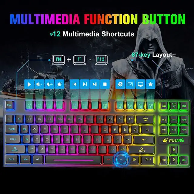 Alt view image 4 of 7 - Wireless Gaming Keyboard and Mouse Combo with 87 Key Rainbow LED Backlight Rechargeable 3800mAh Battery Mechanical Feel Anti-ghosting Ergonomic Waterproof RGB Mute Mice for Computer PC Gamer (Black)