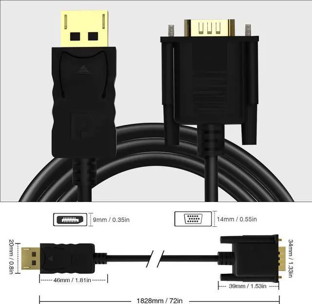 Alt view image 7 of 7 - DisplayPort to VGA DisplayPort to VGA Adapter 6 Feet DP to VGA Cable Connects DP Port from Desktop or Laptop to Monitor or Projector with VGA Port