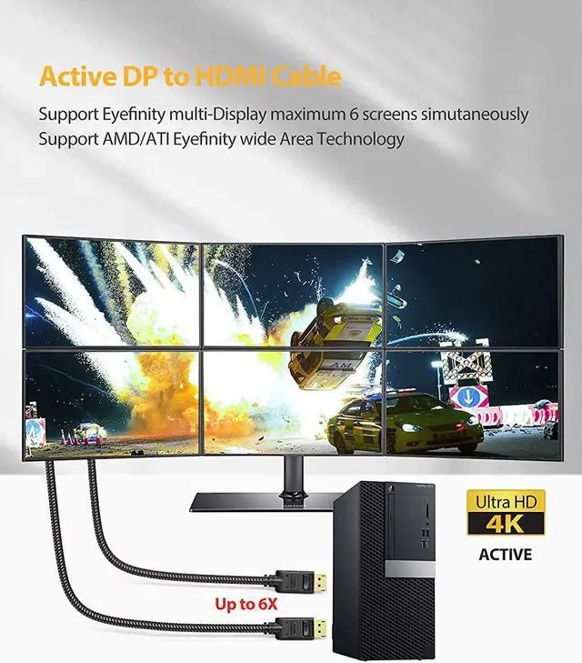 Alt view image 5 of 7 - Active DisplayPort to HDMI Cable 4K, CableCreation 6FT Braided DP to HDMI Cable, Support Eyefinity Multi-Screen, 4K & 3D Audio/Video Converter, 1.83M / Black
