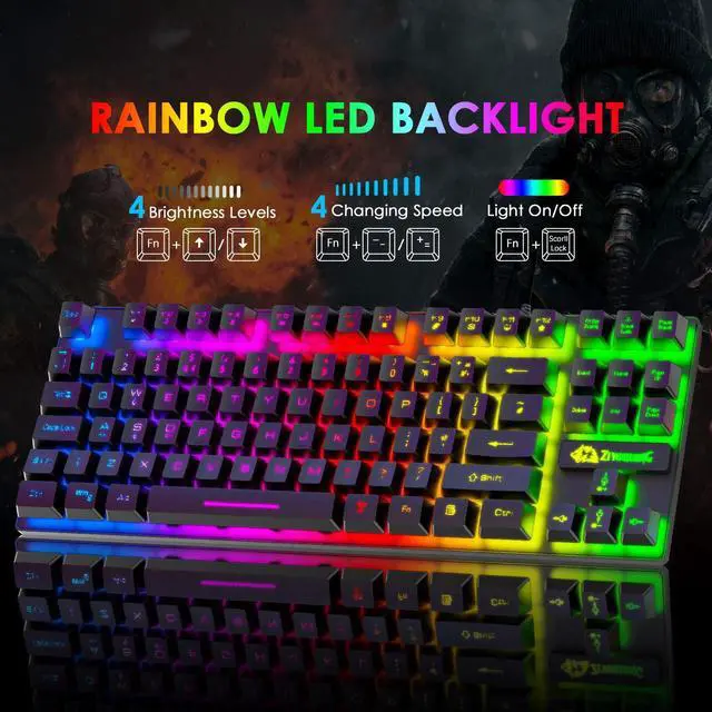 Alt view image 2 of 7 - Gaming Keyboard and Mouse Combo,88 Keys Compact Rainbow Backlit Mechanical Feel Keyboard,RGB Backlit 6400 DPI Lightweight Gaming Mouse with Honeycomb Shell for Windows PC Gamers (Black)