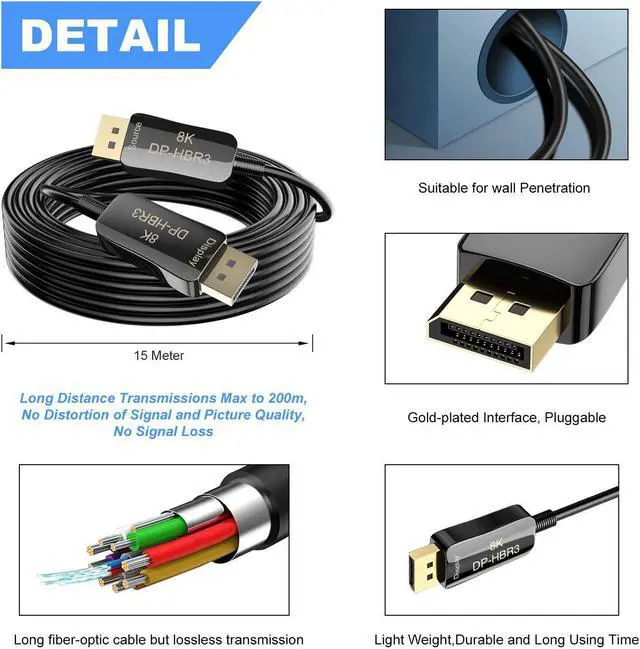 Alt view image 4 of 7 - CABLEDECONN Fiber 8K 4K DisplayPort Cable DP 1.4 HBR3 8K@60Hz 4K@144Hz High Speed 32.4Gbps Optical Fiber Slim and Flexible DP to DP Cable 20m 65ft