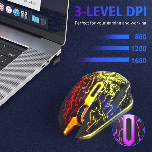 Alt view image 3 of 7 - VersionTECH. Wireless Gaming Mouse Rechargeable Computer Mouse Mice Souris with Colorful LED Lights Silent Click 2.4G USB Nano Receiver 3 Level DPI for PC Gamer Laptop Desktop Chromebook Mac