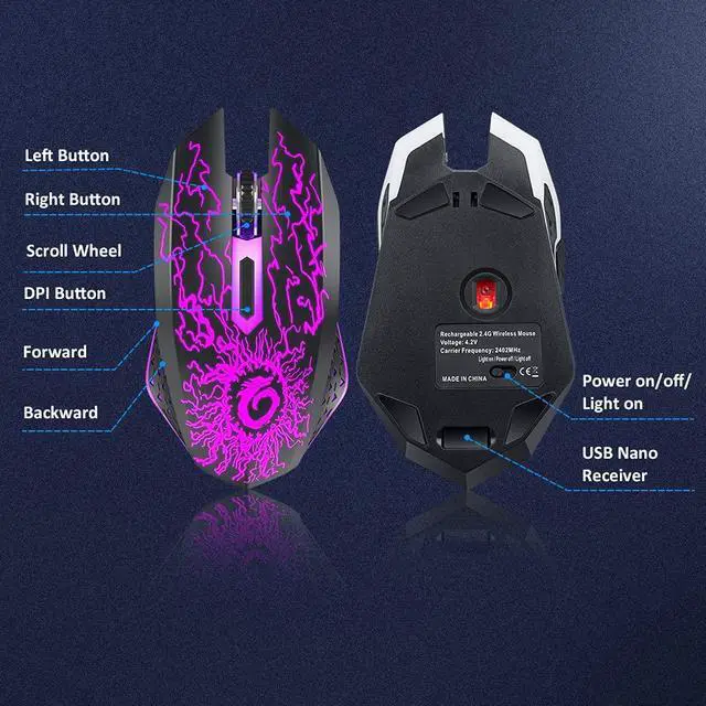 Alt view image 6 of 7 - VersionTECH. Wireless Gaming Mouse Rechargeable Computer Mouse Mice Souris with Colorful LED Lights Silent Click 2.4G USB Nano Receiver 3 Level DPI for PC Gamer Laptop Desktop Chromebook Mac