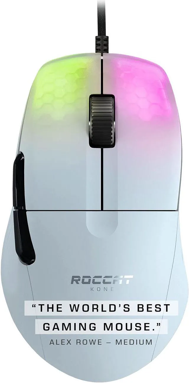 Alt view image 2 of 7 - ROCCAT Kone Pro Lightweight Ergonomic Performance PC Gaming Mouse with 19K DPI Optical Sensor, Aluminum Titan Wheel Pro, & AIMO RGB Lighting - White