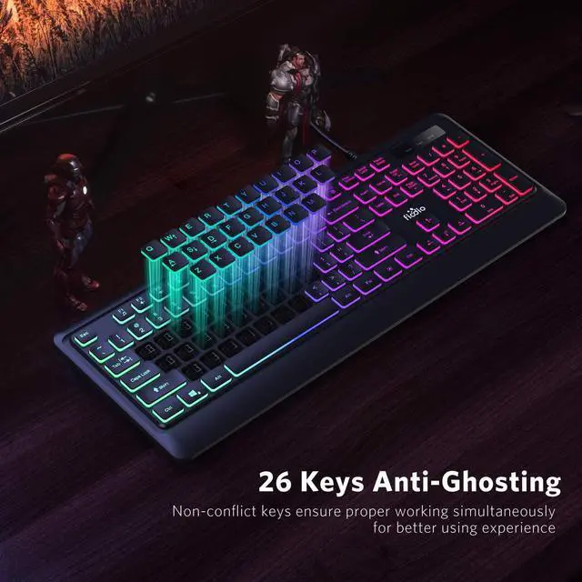 Alt view image 3 of 7 - Fiodio Rainbow Membrane Gaming Keyboard, Quiet Wired Computer Keyboard, 104 Silent & 26 Anti-Ghosting Keys, Spill Resistant, Multimedia Control for PC and Desktop
