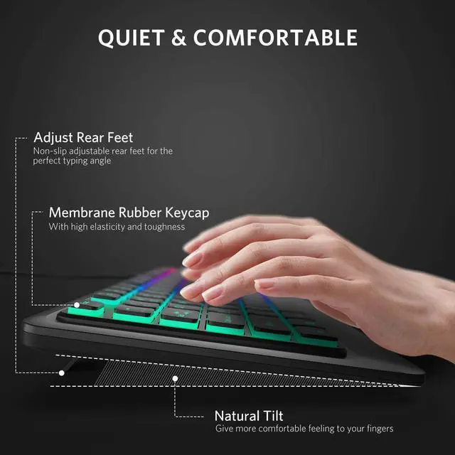 Alt view image 4 of 7 - Fiodio Rainbow Membrane Gaming Keyboard, Quiet Wired Computer Keyboard, 104 Silent & 26 Anti-Ghosting Keys, Spill Resistant, Multimedia Control for PC and Desktop
