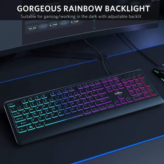 Alt view image 2 of 7 - Fiodio Rainbow Membrane Gaming Keyboard, Quiet Wired Computer Keyboard, 104 Silent & 26 Anti-Ghosting Keys, Spill Resistant, Multimedia Control for PC and Desktop
