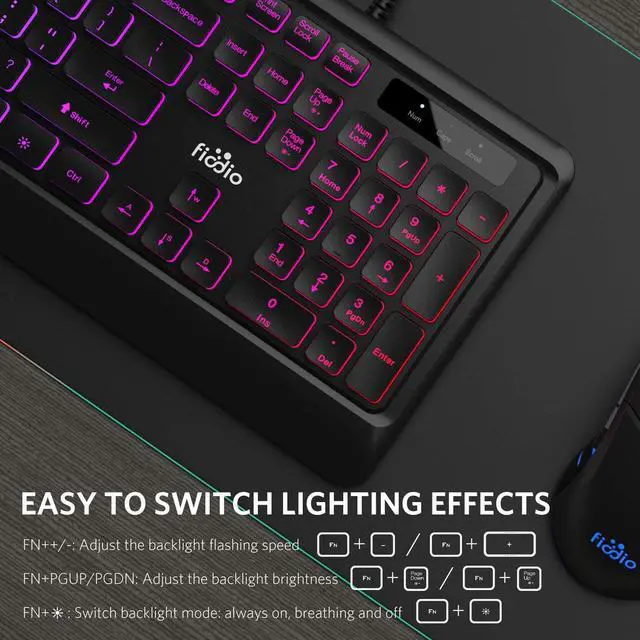 Alt view image 6 of 7 - Fiodio Rainbow Membrane Gaming Keyboard, Quiet Wired Computer Keyboard, 104 Silent & 26 Anti-Ghosting Keys, Spill Resistant, Multimedia Control for PC and Desktop