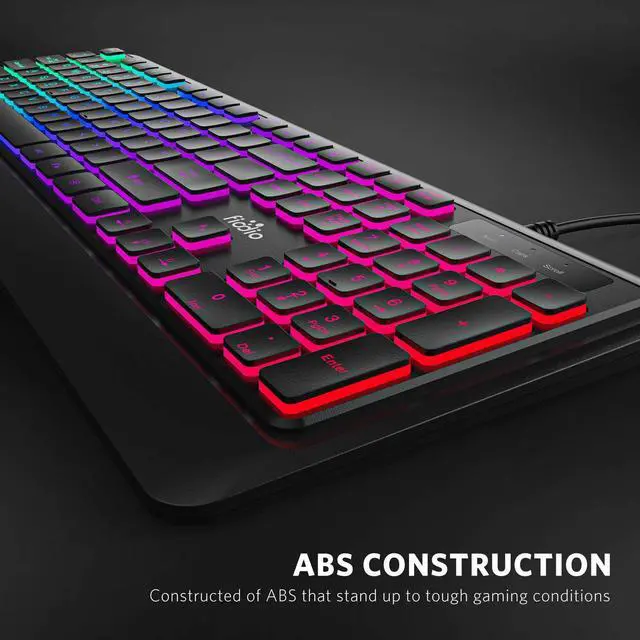 Alt view image 5 of 7 - Fiodio Rainbow Membrane Gaming Keyboard, Quiet Wired Computer Keyboard, 104 Silent & 26 Anti-Ghosting Keys, Spill Resistant, Multimedia Control for PC and Desktop