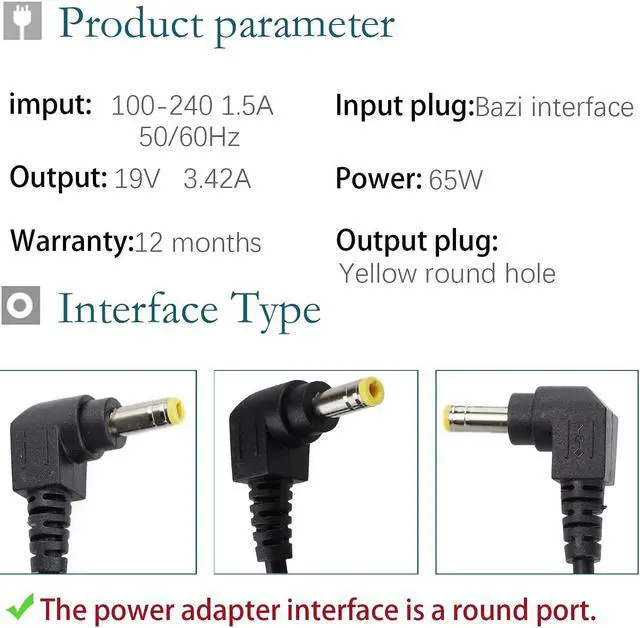 Alt view image 2 of 7 - 65W 19V 3.42A AC Adapter Laptop Charger Replacement for Toshiba PA3714U-1ACA PA3822U-1ACA PA3917U-1ACA; Satellite C55 C55D C55T C655 C655D C675 C855 C855D L55 L655 L675 L745 L755 L775D Supply Cord