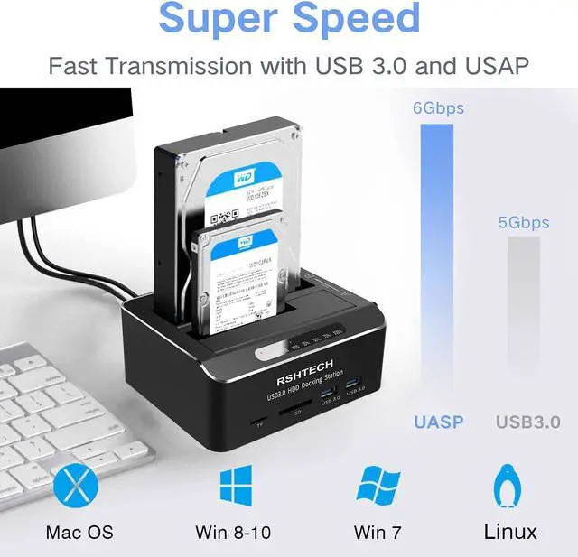 Alt view image 3 of 7 - Hard Drive Docking Station RSHTECH USB 3.0 Aluminum Dual Bay Hard Drive Dock for 2.5 & 3.5 SATA HDD SSD with SD TF Card Reader and Offline Clone/Duplicator Function Support 16TB Tool-Free