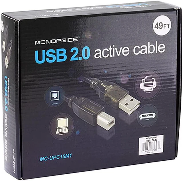 Alt view image 4 of 6 - Monoprice USB-A to USB-B 2.0 Cable - Active 28/24AWG Black 49ft