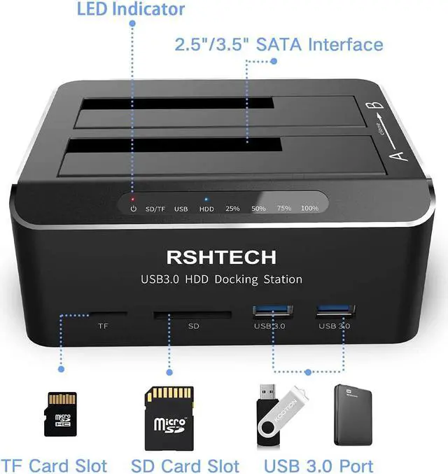 Alt view image 5 of 7 - Hard Drive Docking Station RSHTECH USB 3.0 Aluminum Dual Bay Hard Drive Dock for 2.5 & 3.5 SATA HDD SSD with SD TF Card Reader and Offline Clone/Duplicator Function Support 16TB Tool-Free