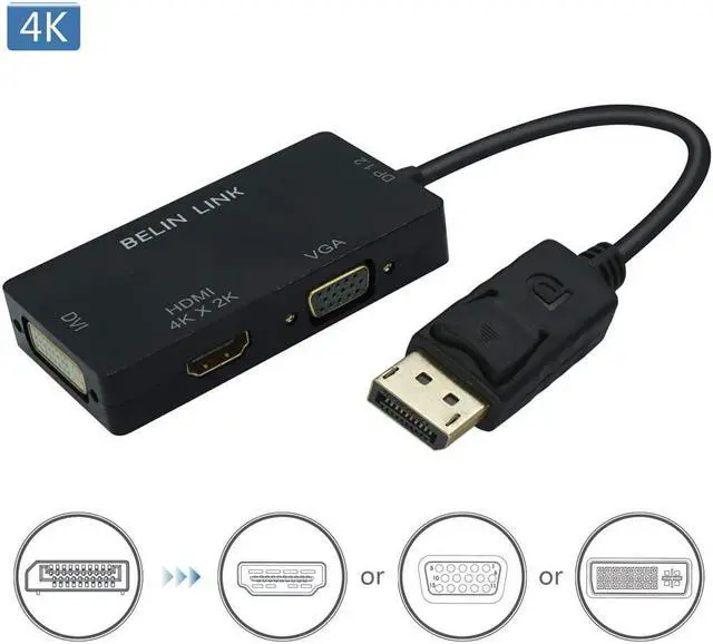 Alt view image 2 of 7 - DP to HDMI VGA DVI Adapter Displayport to HDMI 4K Adapter 3 in 1 Display Port to HDMI VGA DVI Converter Male to Female Gold-Plated (Diamond Shaped) (4K Rectangle Black)