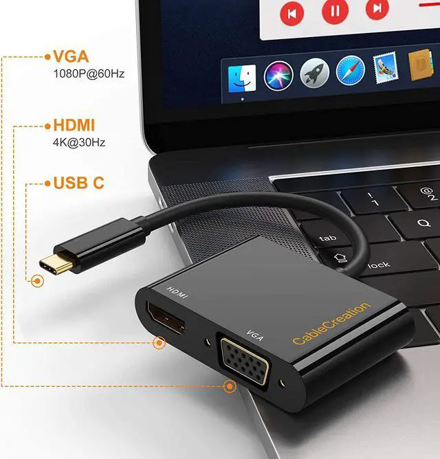 Alt view image 3 of 6 - USB C to HDMI + VGA, CableCreation Type C to Dual HDMI VGA Splitter Thunderbolt 3 Compatible Adapter, Compatible with XPS 13, MacBook Pro 2019,iPad Pro 2019, Yoga 910,Surface?Go, Chromebook Pixel