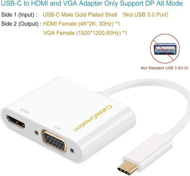 Alt view image 2 of 6 - USB C to HDMI +VGA Adapter, CableCreation Type C to HDMI 4K VGA 1080P Converter [ 2 Pack ], Compatible with MacBook Pro 2019 2018, iPad Pro 2018, Chromebook Pixel, XPS 13,Yoga 910, Surface Go, Galaxy
