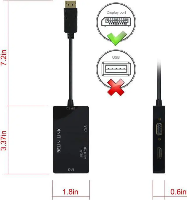 Alt view image 6 of 7 - DP to HDMI VGA DVI Adapter Displayport to HDMI 4K Adapter 3 in 1 Display Port to HDMI VGA DVI Converter Male to Female Gold-Plated (Diamond Shaped) (4K Rectangle Black)