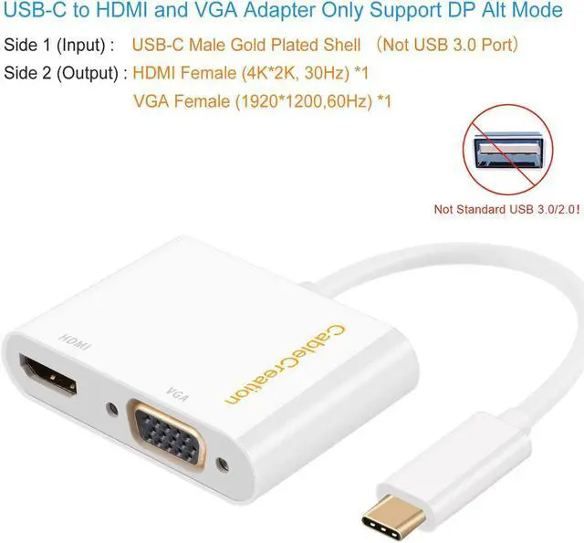 Alt view image 2 of 6 - USB C to HDMI +VGA Adapter, CableCreation Type C to HDMI 4K VGA 1080P Converter, Compatible with MacBook Pro 2019 2018, iPad Pro 2018, Chromebook Pixel, XPS 13,Yoga 910, Surface Go, Galaxy S10, LG G5