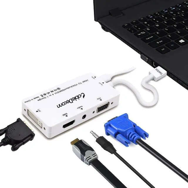 Alt view image 5 of 7 - CABLEDECONN Multiport 4-in-1 HDMI to HDMI/DVI/VGA Adapter Cable with Audio Output Converter (White)