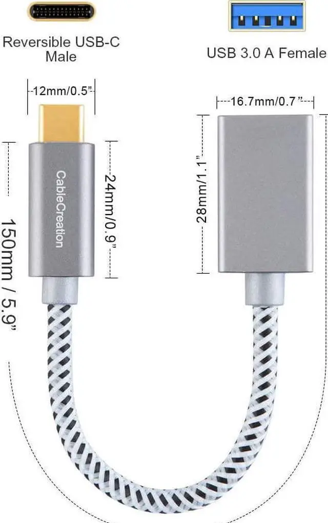 Alt view image 5 of 7 - [2-Pack] USB3.1 USB Female to USB C Adapter 0.5 FT CableCreation USB C to USB A Female Adapter Cable Braided OTG 5Gbps Data Female USB A to C Male for MacBook Pro Air S21 S20 etc, 0.15m Space Gray