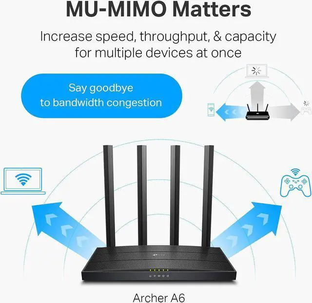 Alt view image 2 of 6 - Xiaogan AC1200 Gigabit WiFi Router (Archer A6 V3) - Dual Band MU-MIMO Wireless Internet Router, 4 x Antennas, OneMesh and AP mode, Long Range Coverage