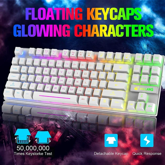 Alt view image 3 of 7 - Wireless Gaming Keyboard and Mouse Combo with 87 Key Rainbow LED Backlight Rechargeable 3800mAh Battery Mechanical Feel Anti-ghosting Ergonomic Waterproof RGB Mute Mice for Computer PC Gamer (White)