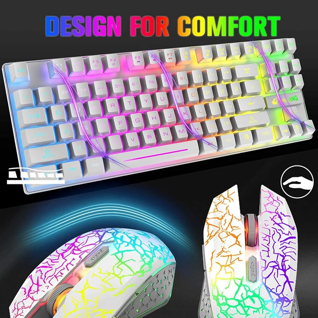 Alt view image 7 of 7 - Wireless Gaming Keyboard and Mouse Combo with 87 Key Rainbow LED Backlight Rechargeable 3800mAh Battery Mechanical Feel Anti-ghosting Ergonomic Waterproof RGB Mute Mice for Computer PC Gamer (White)