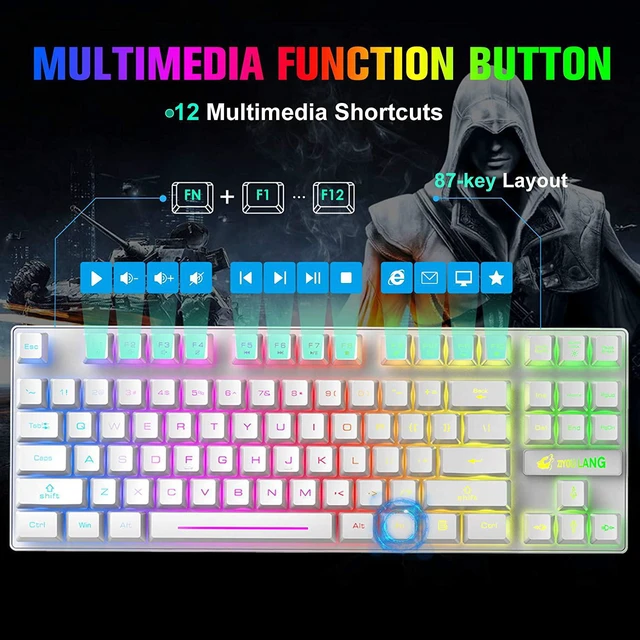 Alt view image 4 of 7 - Wireless Gaming Keyboard and Mouse Combo with 87 Key Rainbow LED Backlight Rechargeable 3800mAh Battery Mechanical Feel Anti-ghosting Ergonomic Waterproof RGB Mute Mice for Computer PC Gamer (White)