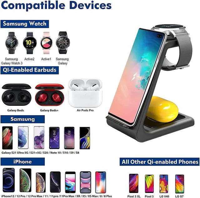 Alt view image 2 of 7 - YOCUNKER Wireless Charger for Samsung,3 in 1 Charging Station Dock for Galaxy Watch 5/4/3/2/Active 2/1/Gear S3, S22 Ultra/S21/S20/S10/Note 20/Z Flip 4/Z Fold 4/3,Galaxy Buds+/Pro/Live Black