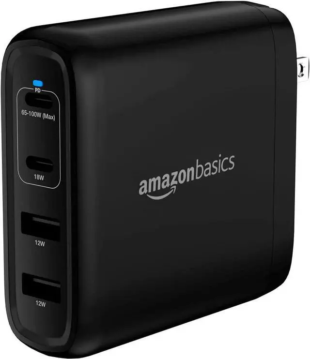 Main image of Amazon Basics 100W Four-Port GaN Wall Charger with 2 USB-C Ports (65W + 18W) and 2 USB-A Ports (17W) - Black (non-PPS)