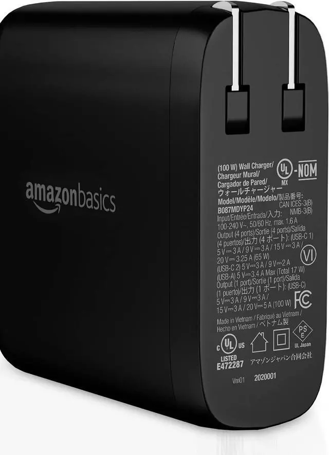 Alt view image 2 of 7 - Amazon Basics 100W Four-Port GaN Wall Charger with 2 USB-C Ports (65W + 18W) and 2 USB-A Ports (17W) - Black (non-PPS)