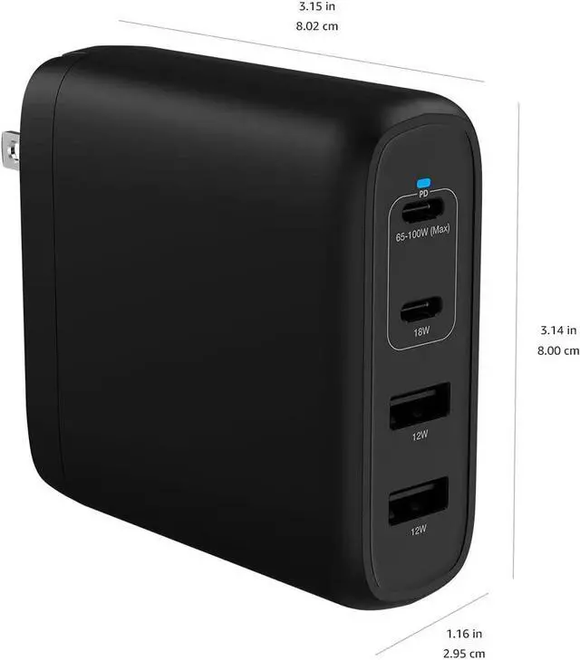 Alt view image 6 of 7 - Amazon Basics 100W Four-Port GaN Wall Charger with 2 USB-C Ports (65W + 18W) and 2 USB-A Ports (17W) - Black (non-PPS)