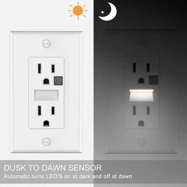 Alt view image 4 of 6 - SOZULAMP LED Night Light Outlet-Easy to Install,Nightlight Electrical Outlets,Standard Duplex Receptacle,15A 125V,2 Pole 3 Wire,Self Grounding,Outlet Covers Included (Glossy White,2 Pack)