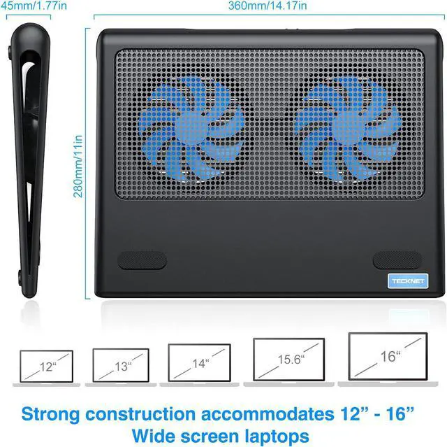 Alt view image 3 of 7 - Laptop Cooling Pad Portable Ultra-Slim Quiet Laptop Notebook Cooler Cooling Pad Stand with 2 USB Powered Fans Fits 12-16 Inches (Blue)