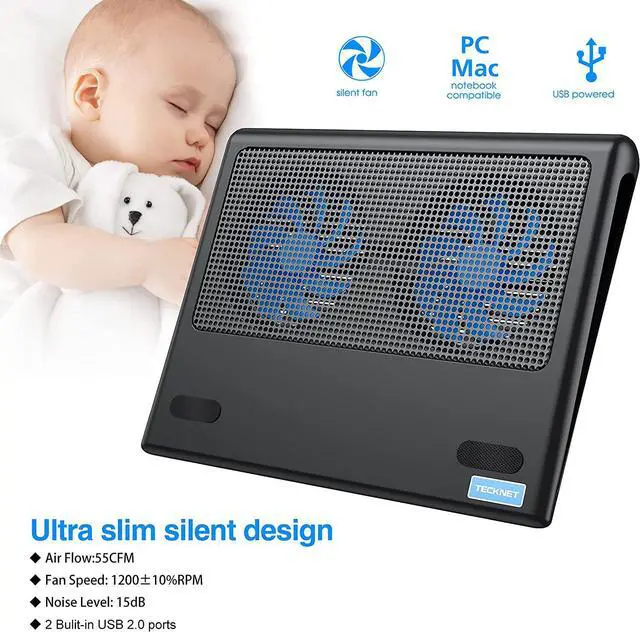 Alt view image 5 of 7 - Laptop Cooling Pad Portable Ultra-Slim Quiet Laptop Notebook Cooler Cooling Pad Stand with 2 USB Powered Fans Fits 12-16 Inches (Blue)