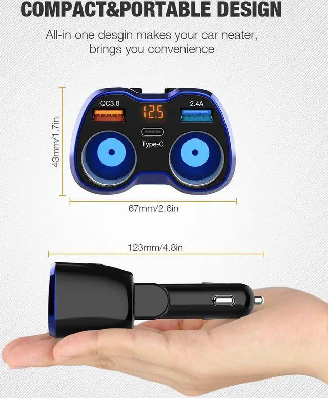 Alt view image 5 of 7 - Car Charger 150W 2-Socket Cigarette Lighter Splitter QC 3.0 Dual USB Ports 1 USB C Fast Car Adapter with Separate Switch LED Voltmeter Replaceable 15A Fuse for GPS/Dash Cam/Phone/iPad