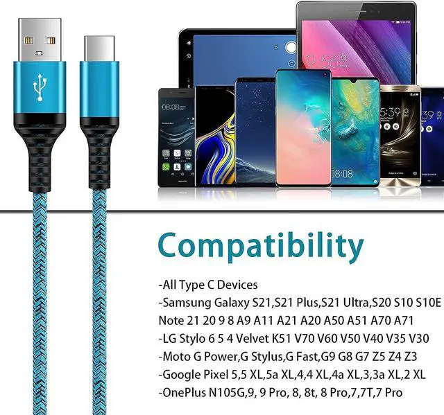 Alt view image 7 of 7 - C Charger Cord Fast Charging USB Type C Cable Android Charger Cables 6FT 2Pack for Samsung Galaxy S24 S23 S22 S21 S20 Ultra S20+ Note 20 10 S10 S9 Plus A12 A11 A52 OnePlus Google Pixel 6 5 4 4a 3a XL