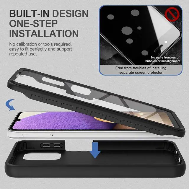 Alt view image 5 of 7 - V/A for Samsung Galaxy A32 5G Case with Built-in Screen Protector, Full Body Protection Shockproof Cover Case, [Rugged PC Front Bumper + Soft TPU Back Cover] Armor Protective Phone Case (Black)