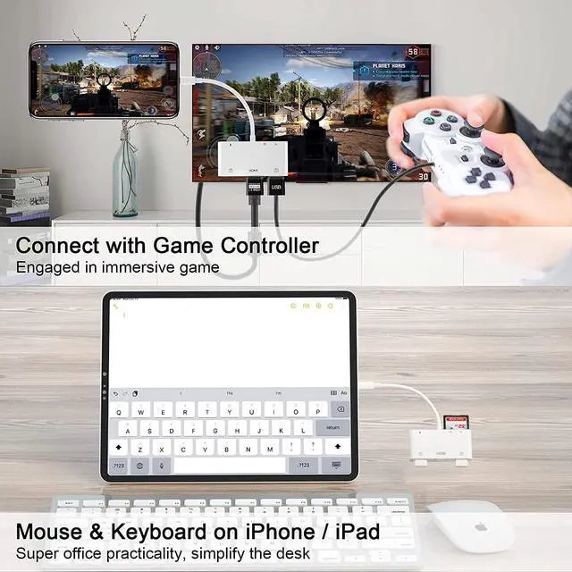 Alt view image 5 of 6 - Lightning to HDMI Adapter for iPhone 6 in 1 TF & SD Card Reader with Charging Port HDMI Adapter to TV /Monitor/Projector/USB Drive/MIDI /Keyboard/Mouse Suitable for Meeting Speech and Teaching