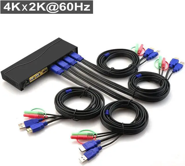 Alt view image 2 of 6 - KVM Switch HDMI 4 Port with USB Hub, Audio and 4 KVM Cables, 4 Port HDMI KVM Switch Support 4K@60Hz 4:4:4, EDID Support Wireless Keyboard Mouse