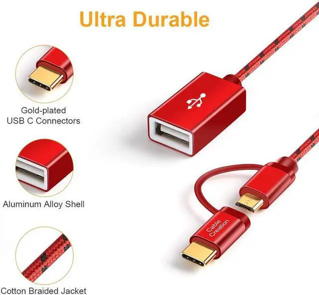 Alt view image 3 of 7 - CableCreation Micro USB & Type C to USB 2.0 Female Adapter Cable, 0.6ft Short OTG (on-the-go) Cable Compatible with Pixel 3XL 2XL, Galaxy S20/S10/S9/S8, Android and Type C devices, 0.18M /Red Aluminum