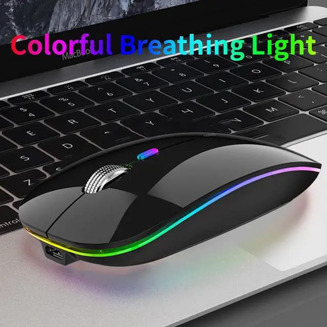 Alt view image 2 of 7 - Uiosmuph LED Wireless Silent Mouse, G12 Slim Rechargeable, 2.4G Portable Optical Computer Mice with USB Receiver and Type C Adapter (Black)